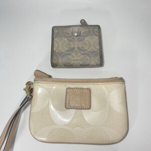 Lot of 2 Coach Tan Gray Signature Canvas Leather Wristlet Wallet Signature